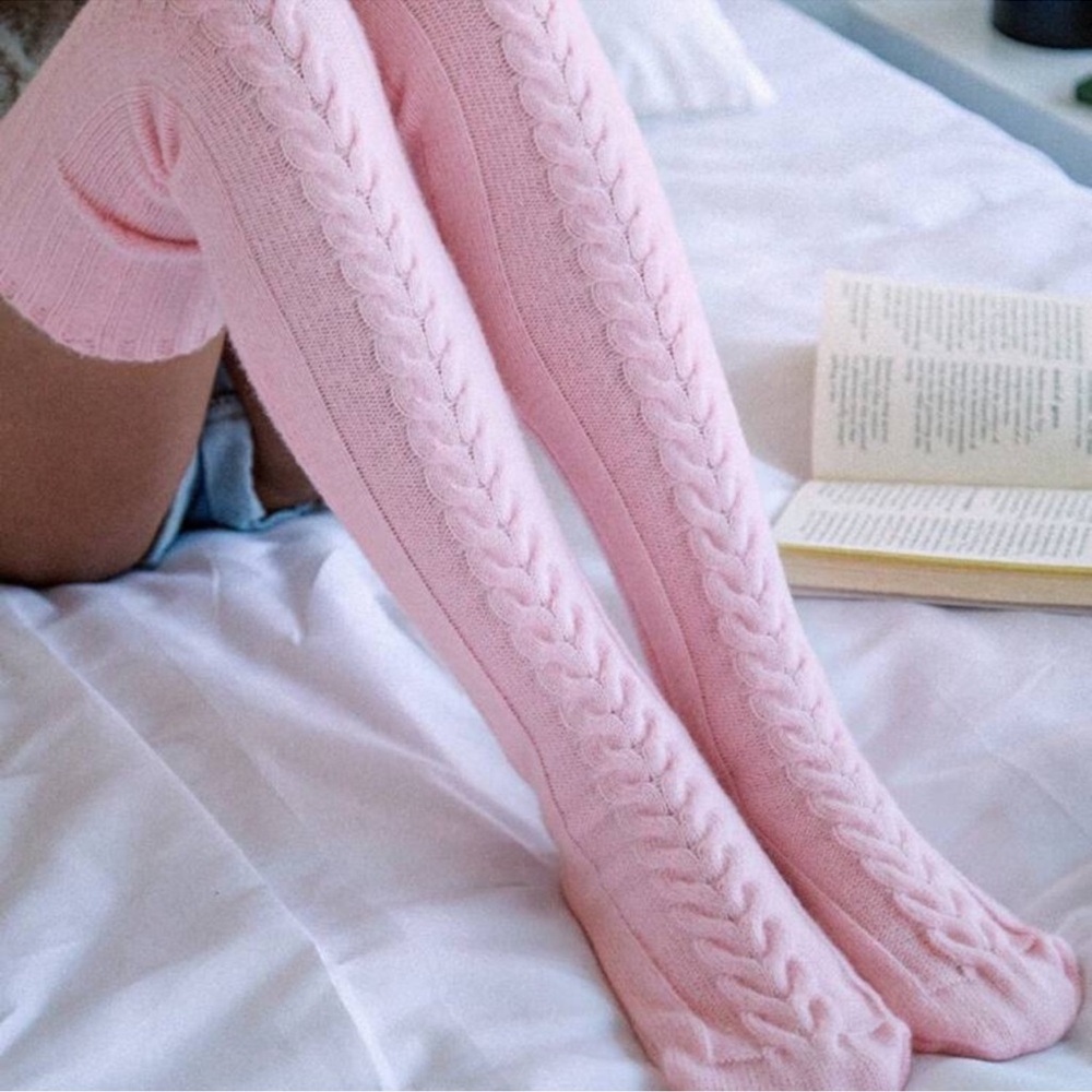 1 Pair Thick Solid Thigh High Socks, Cable Textured Over-The-Knee